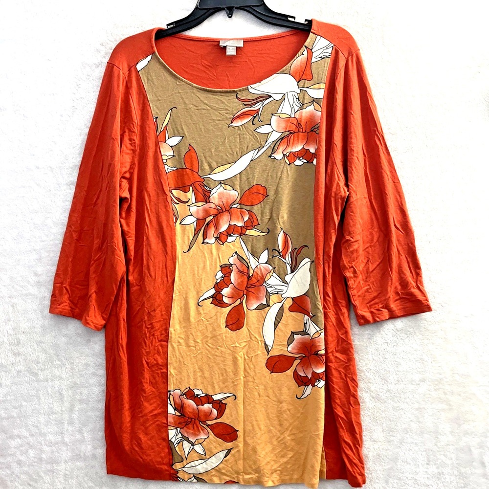 J Jill Womans 1X Tunic Top Orange Asian Floral Pullover round neck Shirt (44x31)